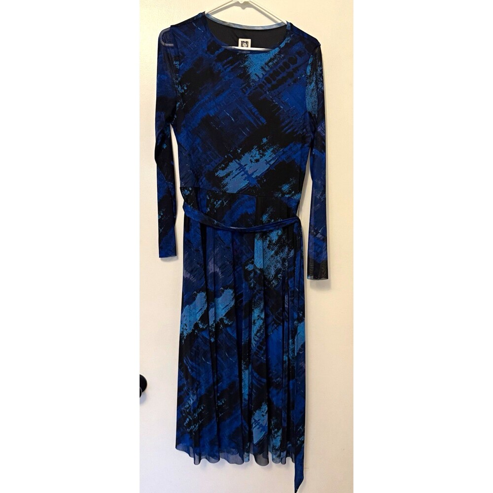 Anne Klein Blue Black Abstract Fit & Flare Midi Dress Round Neck Tie Long L